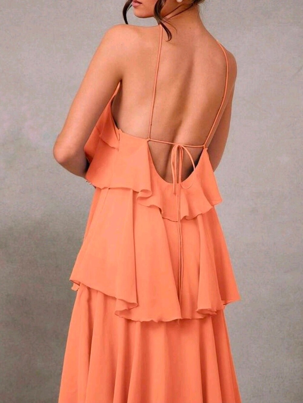 New Tiered Chiffon Ruffle Halter Maxi Dress Backless Coral Orange Peach - Picture 4 of 8